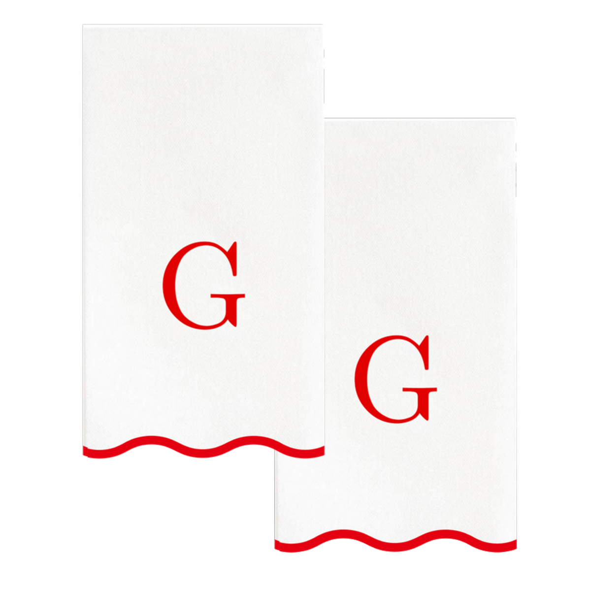G red scalloped monogram guest napkin