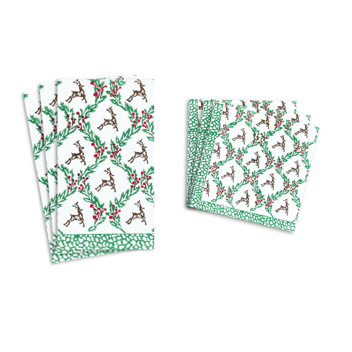 Holly and Deer Block Print Paper Guest Napkins