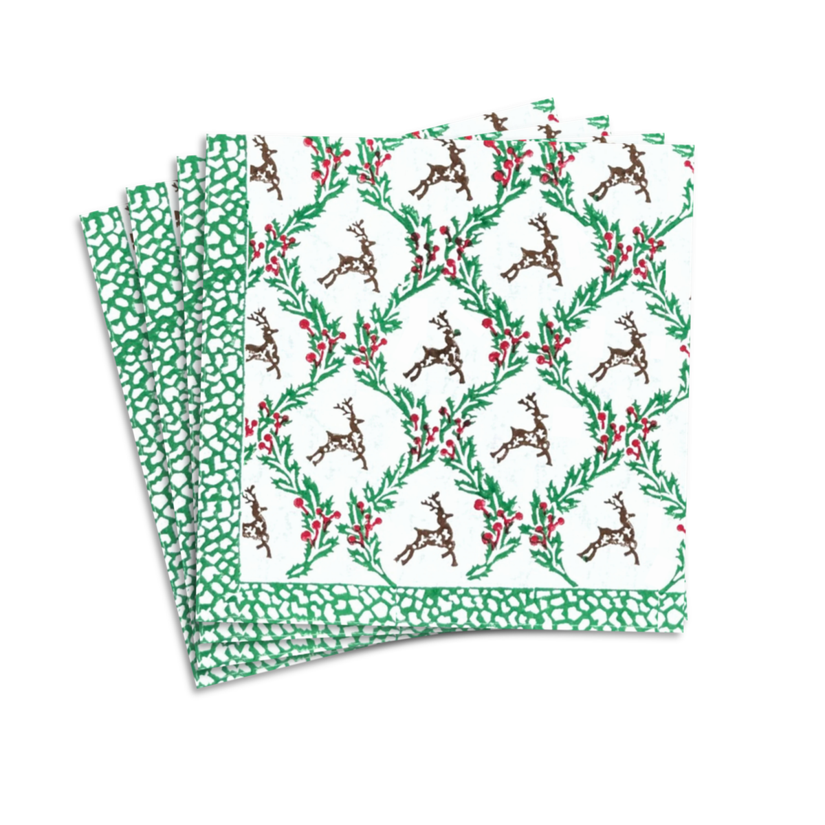 Holly and Deer Block Print Paper Cocktail Napkins