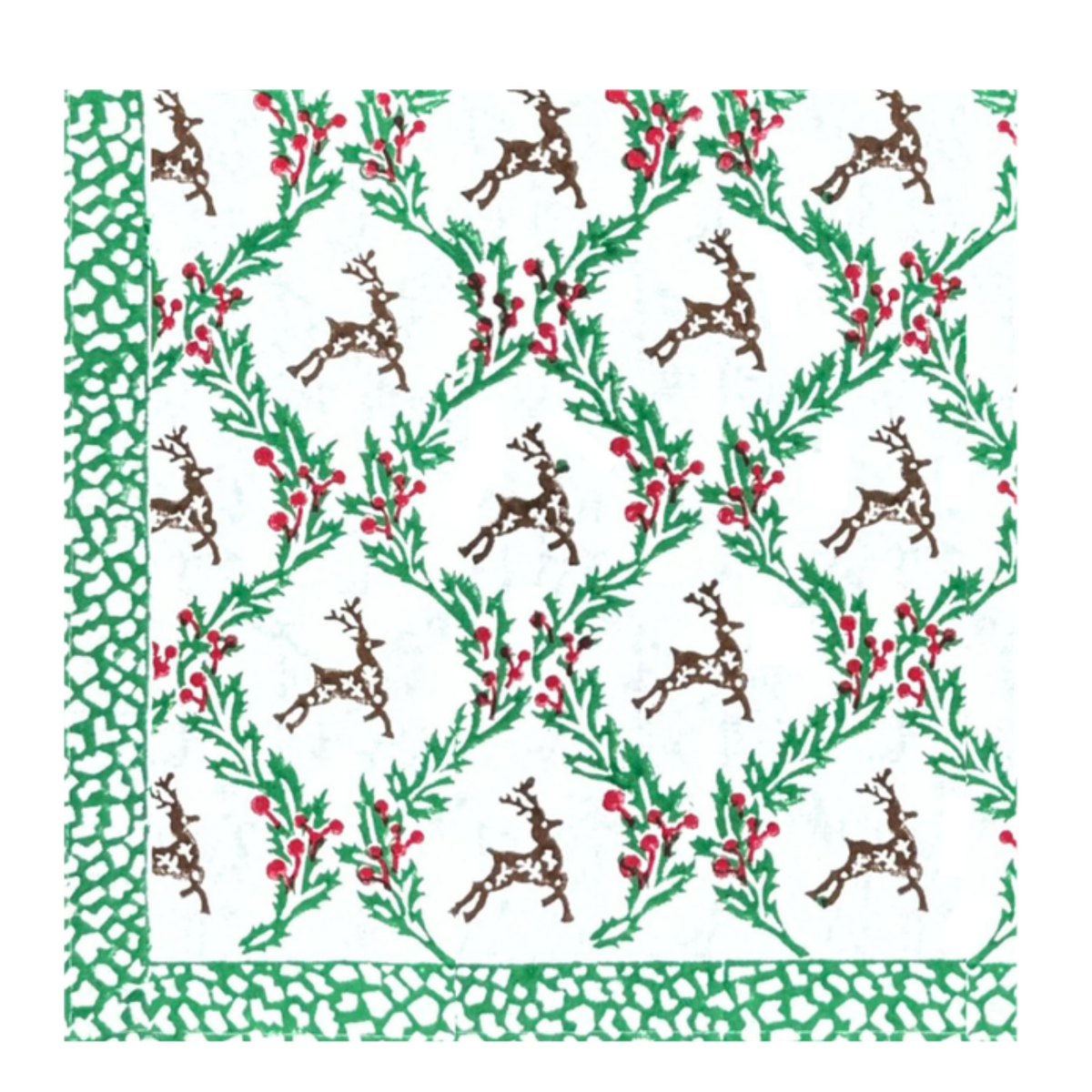 Holly and Deer Block Print Paper Cocktail Napkins