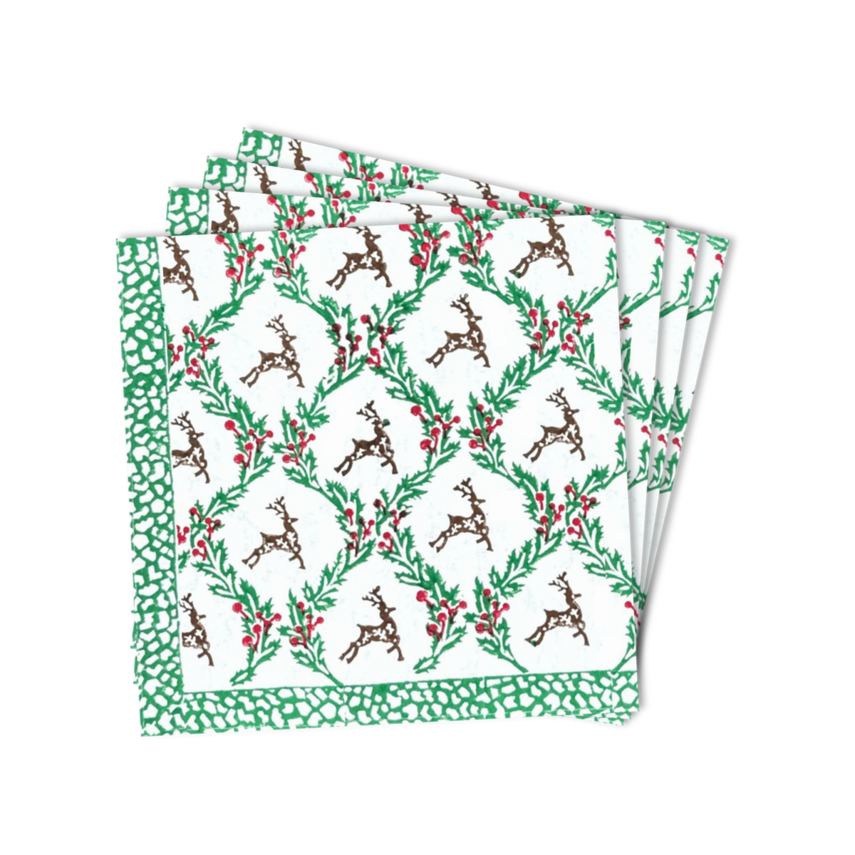 Holly and Deer Block Print Paper Cocktail Napkins