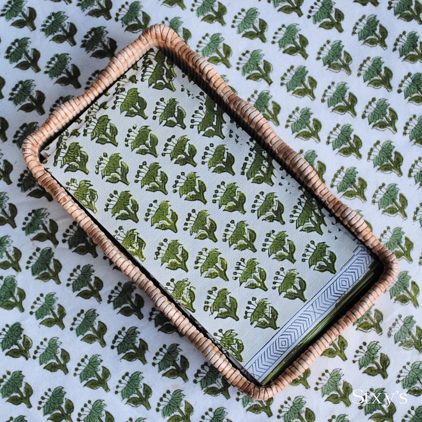 Green Floral Block-Print Paper Guest Napkins
