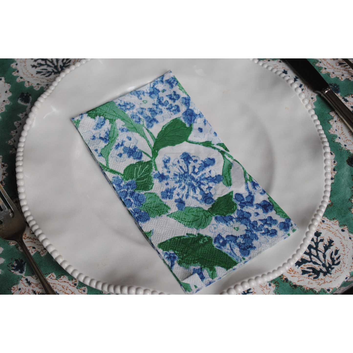 Blue Hydrangea Block Print guest napkins - case of 5