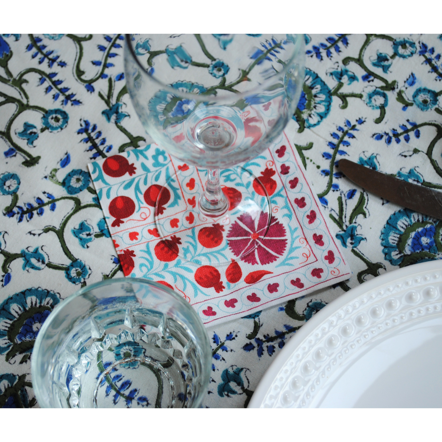 Pomegranate Block Print Suzani Cocktail Napkins